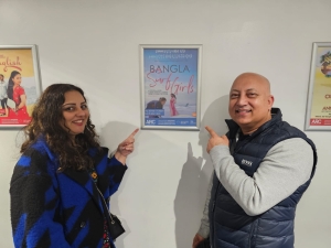 The poster for Bangla Surf Girls, flanked by Bigger Pictures and ReeIn Ltd.'s Aman Dhillon, and CVFM manager and BME Network Chairman Idree Rashid
